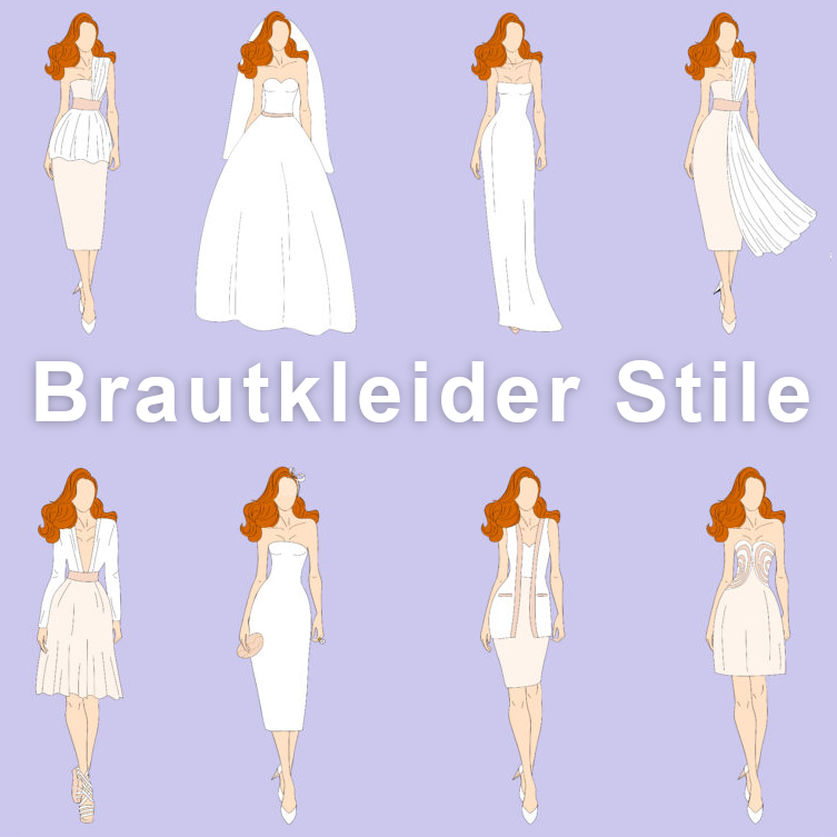 Übersicht der Brautkleider-Stile: acht gezeichnete Brautkleider in verschiedenen Schnittformen